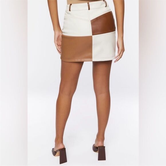 Forever 21 Faux Leather Patchwork on Brown And Tan Mini Skirt L - Picture 2 of 7